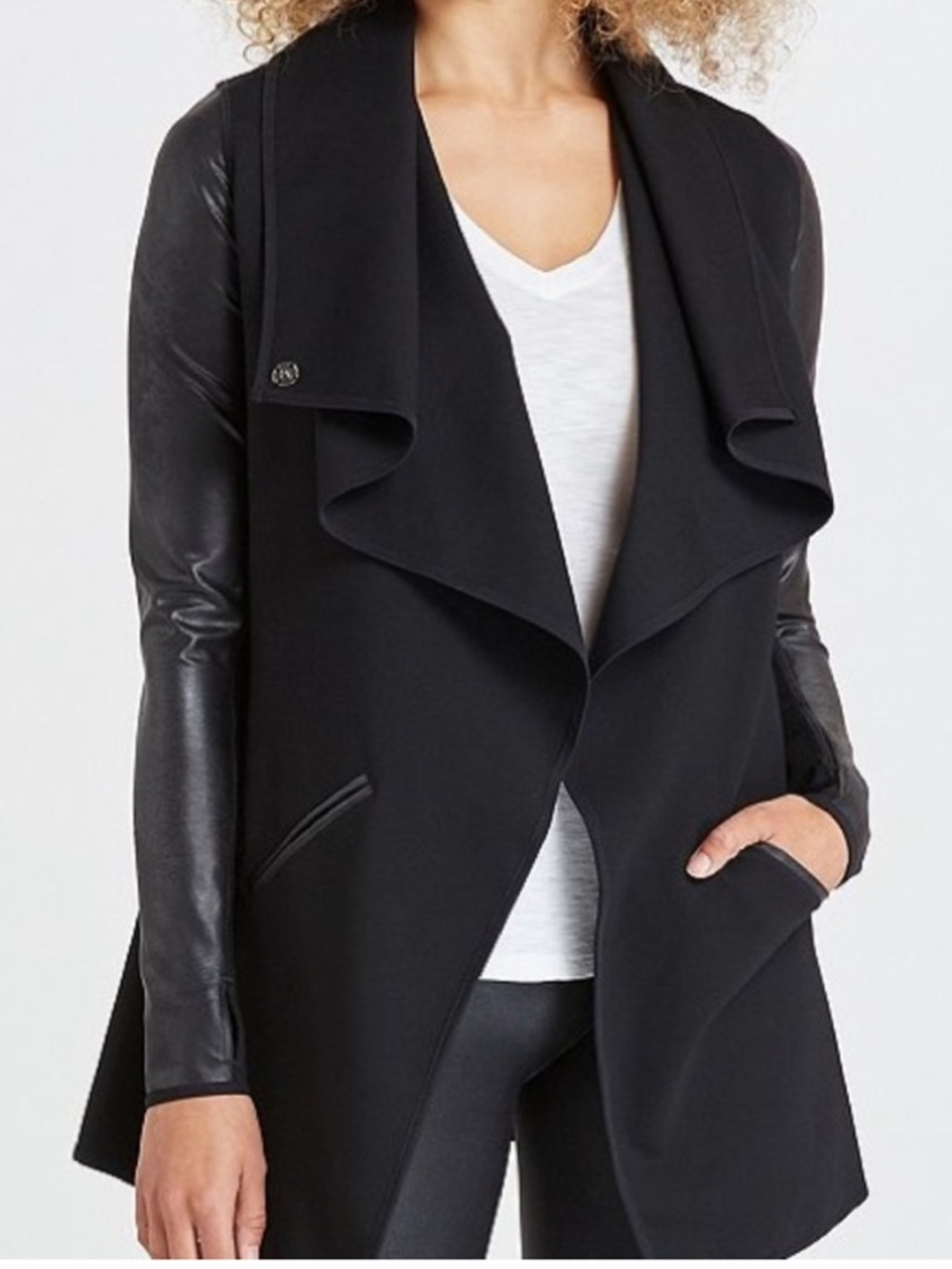 SPANX Black Faux Leather Sleeve Waterfall Draped Jacket Size Small - Picture 3 of 8